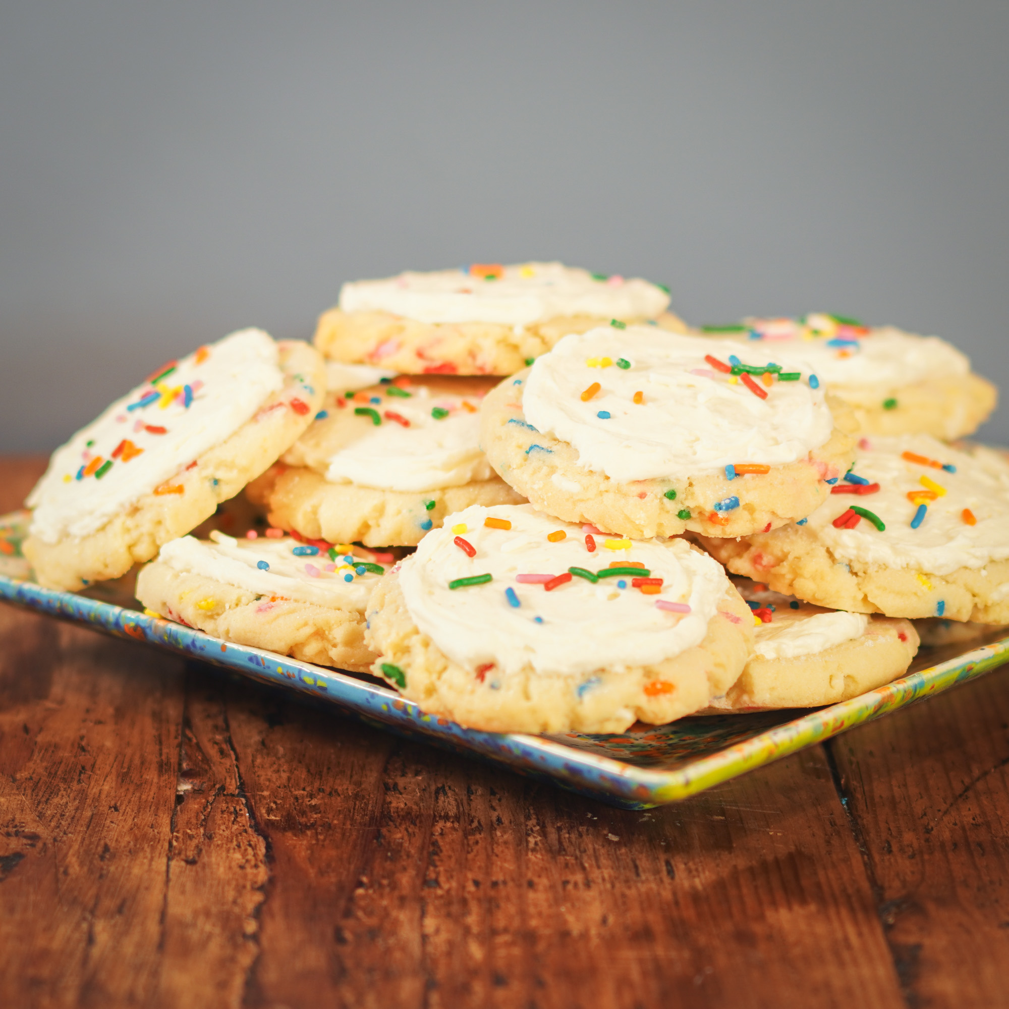 vanilla funfetti cookies with vanilla frosting and sprinkles